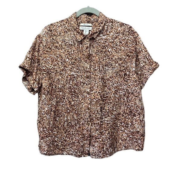 Rachel Zoe 100% Linen Abstract Print Short Sleeve Button Up Top Sz L - Picture 1 of 7